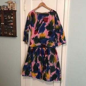 Abstract Floral Midi Dress in Pink, Blue & Green